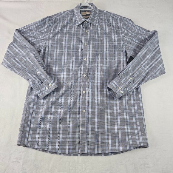 Michael Kors Non Iron Shirt Men's Sz L 16 34/35 White Blue Plaid Cotton - Picture 1 of 7